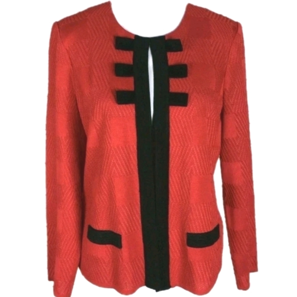 Ming Wang Red/Black Trim Open Front Long Sleeve Cardigan Knit Sweater Jacket PM